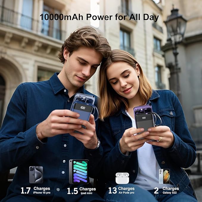 Portable Charger 10000mAh Power Bank with Built-in Cable, 5 Output 2 Input Travel Essential External Battery Pack with LED Display Compatible with iPhone 16/15 Samsung S22 Android,etc(2 Pack)