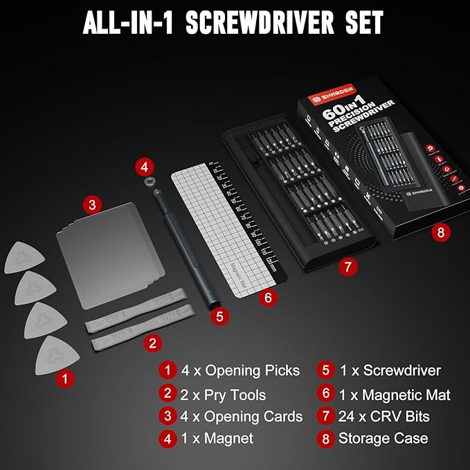 SHARDEN Precision Screwdriver Set, 60 in 1 Screw Driver Set Kit with Torx, Phillips, Flathead, Mini Repair Tools Kit for Laptop, Phone, MacBook, Computer, Electronics, Glasses, Watch