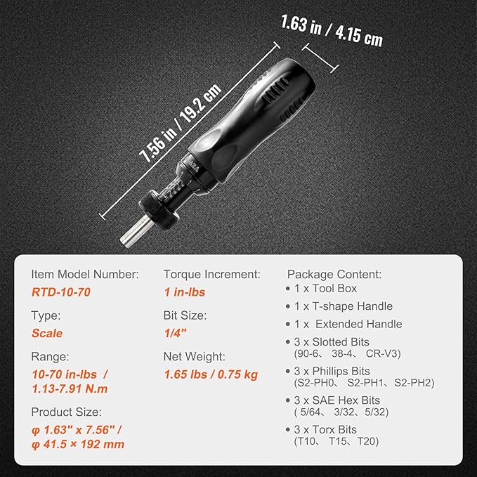 VEVOR Torque Screwdriver, 1/4" Drive Screwdriver Torque Wrench with Scale, 10-70 in/lbs Torque Range, 1 in-lbs Torque Increment, with Bits & Case
