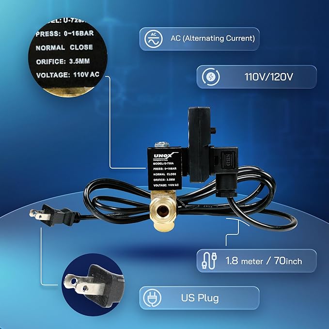 UNOX Electronic Drain Valve for Air Compressor, 1/2" NPT to 1/4" NPT 110/120V AC Automatic Timed Tank Drain Valve with 6 feet US Plug Cable - Max 235 PSI Solenoid Valve Assembled