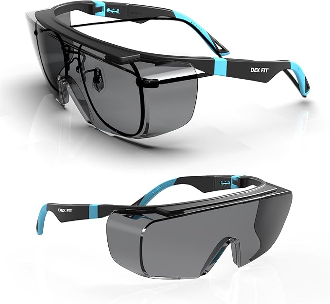 DEX FIT Safety Work Over Glasses SG210 OTG; Z87 Eye Protection for Men & Women, Fog & Scratch Resistant, Adjustable, UV Block (Black & Blue Frame, Tinted Lens)