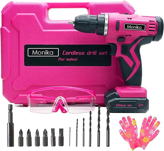Monika 12V Pink Lithium Cordless Drill Bit Set Kits Screw Bits Sockets 18+1 Torque Setting, LED Light, Electric Power Drill Driver for Home, Office DIY and Wall Drilling, Wood, Metal W/Battery