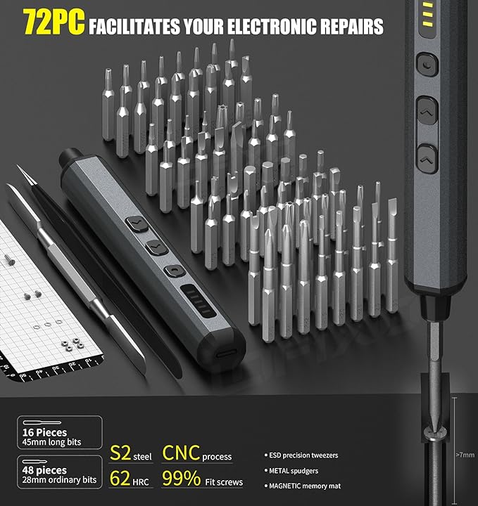 Electric Screwdriver Cordless Tool Set,72 PC Rechargeable Power Screwdriver Torx Phillips Triangle Pentalobe Automatic-Battery Electronics Kit for Macbook Computer Laptop Ps5 Xbox Switch Glasses