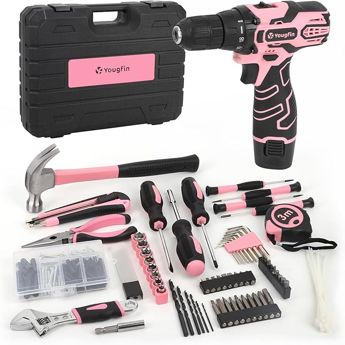 YOUGFIN Pink Drill Set for Women, Tool Kit with Drill 12V or Home Office Repairing & Improvement, Household Drill Set Power Tool with Pink Tool Box 195 Pieces