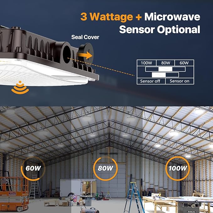 100W LED Canopy Lights with Motion Sensor, Selectable Wattage 100/80/60W IP65 ETL Listed Commercial Canopy Lights for Gas Station Warehouse Garage Shop