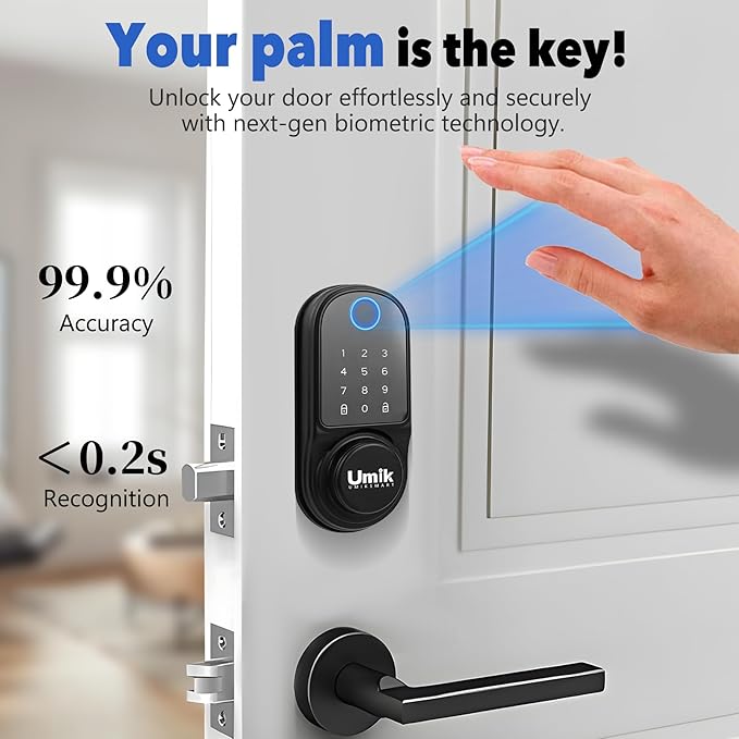 Smart Door Lock with Palm Vein, 5 in 1 Keyless Entry Door Lock, Electronic Keypad Deadbolt for Front Door, IP65 Waterproof, Easy Install, Auto Lock (Black)