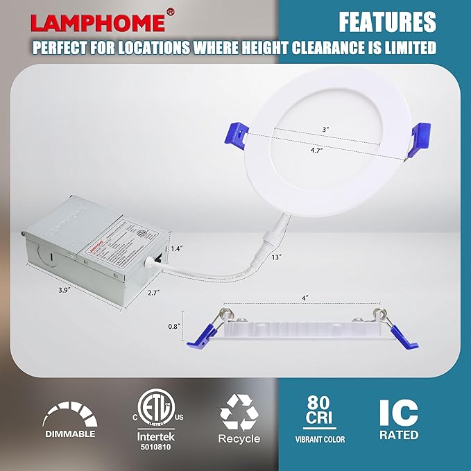 1-Pack of 4-Inch Slim LED Recessed Lights with Junction Box, Adjustable Color Temperatures (2700K-5000K), 9W Equivalent to 75W, Dimmable, 950LM Brightness - ETL and Energy Star Certified