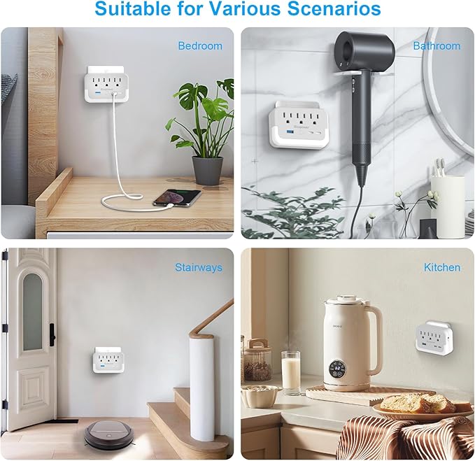 2 Pack Compact Outlet Extender with Light Sensor lamp,Multi Plug Wall Outlet with 3 Outlet and 3 USB Ports(2 USB-C Ports && 1 USB-A Port Total 15.5W/3.1A).Power Strip for Home Travel Office-White