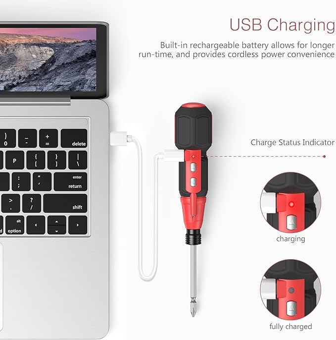 LOFICOPER Cordless Electric Screwdriver Kit, Rechargeable Electric Screwdriver, Mini Power Screwdriver with 10 Bits, 1 Bit Holder, LED Lights, Charging Cable, for Phones, PC, Toys, Black and Red
