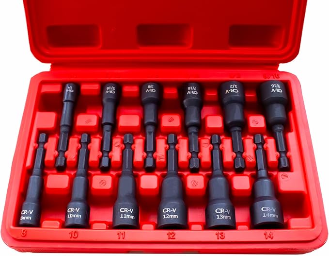 12Pcs Magnetic Nut Driver Set,Impact Power Hex Nut Driver Drill Bit Master Kit, SAE & Metric, 1/4-Inch Quick-Change| Cr-V Steel