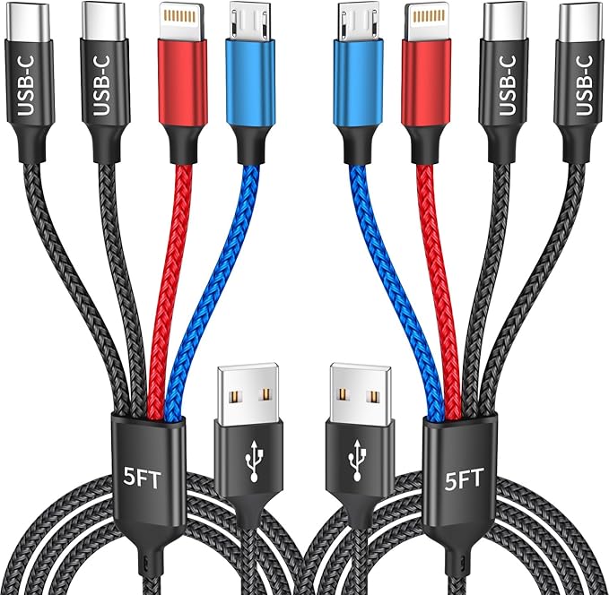 Travel Essentials, Dual Type-C 4 in 1 Multi Charging Cable for Multiple Devices, USB Cables Universal Phone Charger Cord with IP/Micro/2 USB-C Port for iPhone17/16/15/14, Android Tablet Pad, 2Pack 5FT