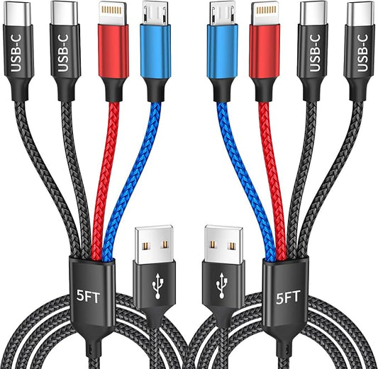 Travel Essentials, Dual Type-C 4 in 1 Multi Charging Cable for Multiple Devices, USB Cables Universal Phone Charger Cord with IP/Micro/2 USB-C Port for iPhone17/16/15/14, Android Tablet Pad, 2Pack 5FT