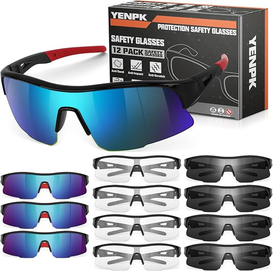 12 Pack Safety Glasses, ANSI Z87.1 Safety Glasses with UV Protection, Impact Resistant Tinted Safety Goggles