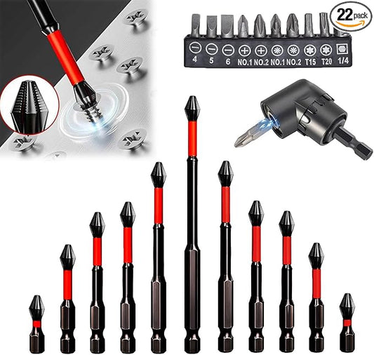 22Pcs Magnetic Screwdriver Bit Set-Phillips Impact Anti Slip Bits and Right Angle Drill Attachment & Short Screwdriver Bits, Used for Electric Hand Tool