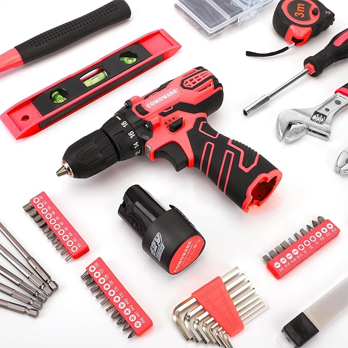 COMOWARE 169PCS Home Tool Kit with 12V Cordless Power Drill, Multi-Task for DIY Home Repair & Maintenance, Red Storage Bag Included