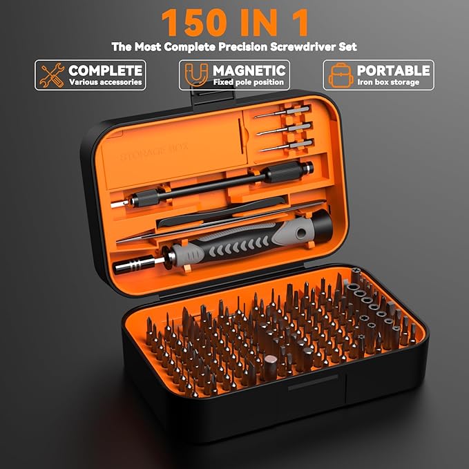 150 IN 1 Precision Screwdriver Set, 120 Bits Full Range Small Screwdriver Set, Magnetic Mini Repair Tool Kit for Ring Doorbell, Laptop, Switch, PS5, Xbox, Macbook, iPhone, Watch, Glasses - Orange