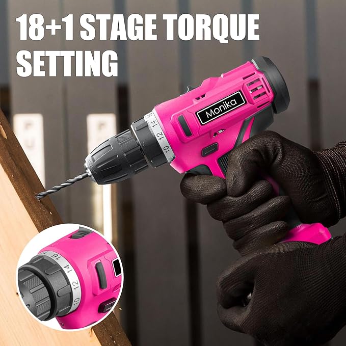 Monika 12V Pink Lithium Cordless Drill Bit Set Kits Screw Bits Sockets 18+1 Torque Setting, LED Light, Electric Power Drill Driver for Home, Office DIY and Wall Drilling, Wood, Metal W/Battery
