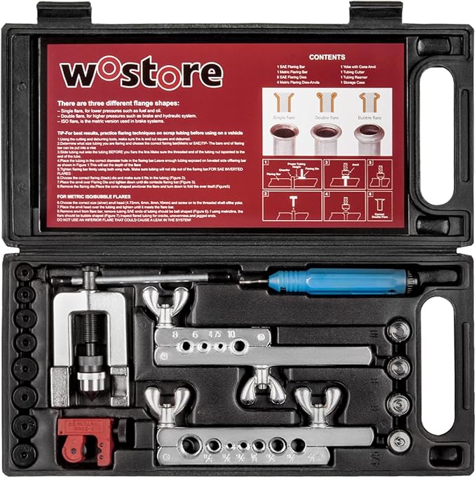Wostore Professional Brake Line Flare Kit for Single, Double (SAE) Flares & Bubble (ISO) Flares with Tubing Cutter Pipe Reamer for 3/16-5/8" 7 Sizes