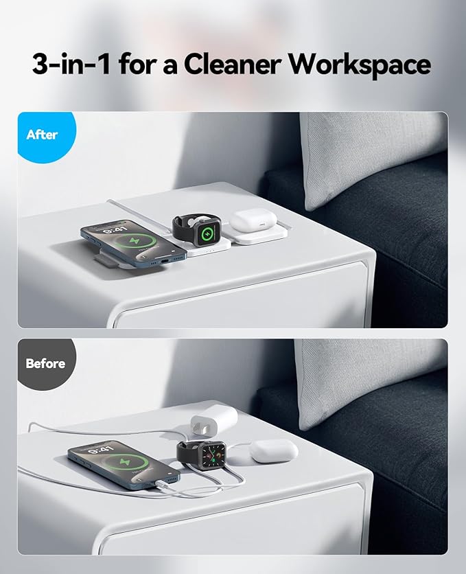 3 in 1 Charging Station for Apple Multiple Devices, Foldable Magnetic Fast Wireless Charger Dock, Travel Charging Pad for iPhone 16 15 14 13 12 Pro Max Plus Apple Watch Series & AirPods 4/3/2/Pro