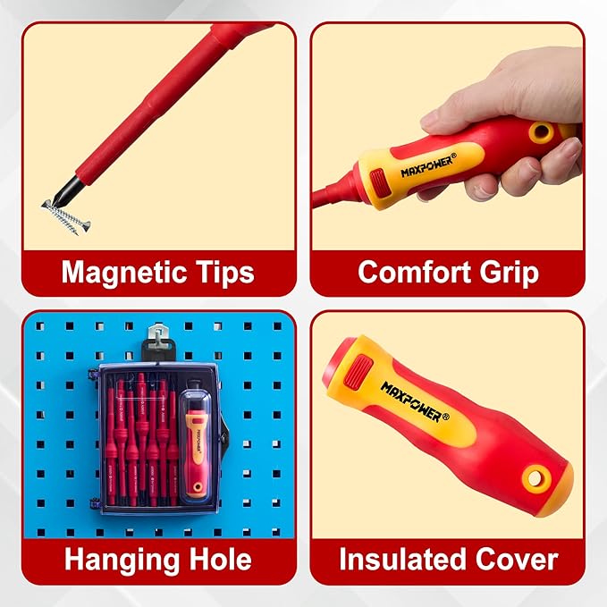 MAXPOWER Insulated Screwdriver Set, 7 In 1 Insulated Electrical Screwdrivers, Magnetic Tip Electrician Screwdriver Tool Kit Includes Phillips, Slotted and Torx Tips