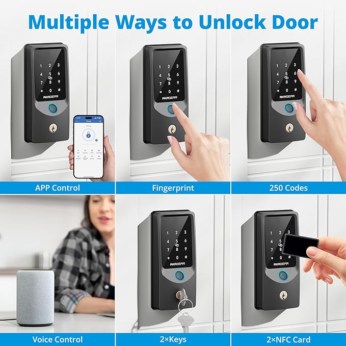 T02 Smart Lock, Keyless Entry Door Lock, Smart Lock for Front Door, Built-in Wi-Fi, App Control, Auto Locking, Fingerprint, Key, Fob Card, PIN Code Unlock, 8xAA Batteries, IP55 Waterproof