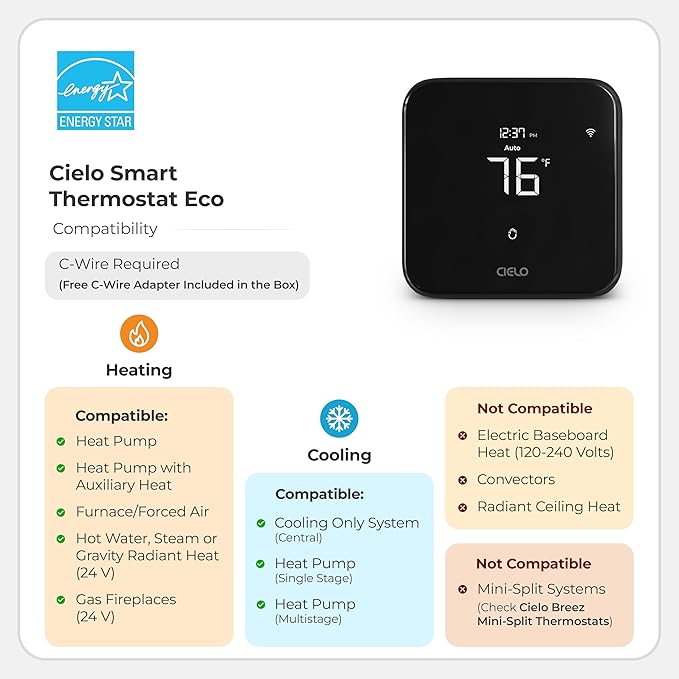 Cielo Smart Thermostat Eco | Energy Star Certified Thermostat | Supports Conventional Systems up to (2H/2C) & Heat Pumps (4H/2C) | Free C-Wire Adapter in Box | NOT for Mini Split Systems | (Black)