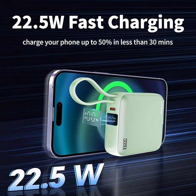 Hichain Portable Charger with Dual Built-in Cables 10000mAh Small Power Bank 22.5W Fast Charging Mini Powerbank LED Display Travel Essential Battery Pack for iPhone 17 16 15 14 13 All Series Green