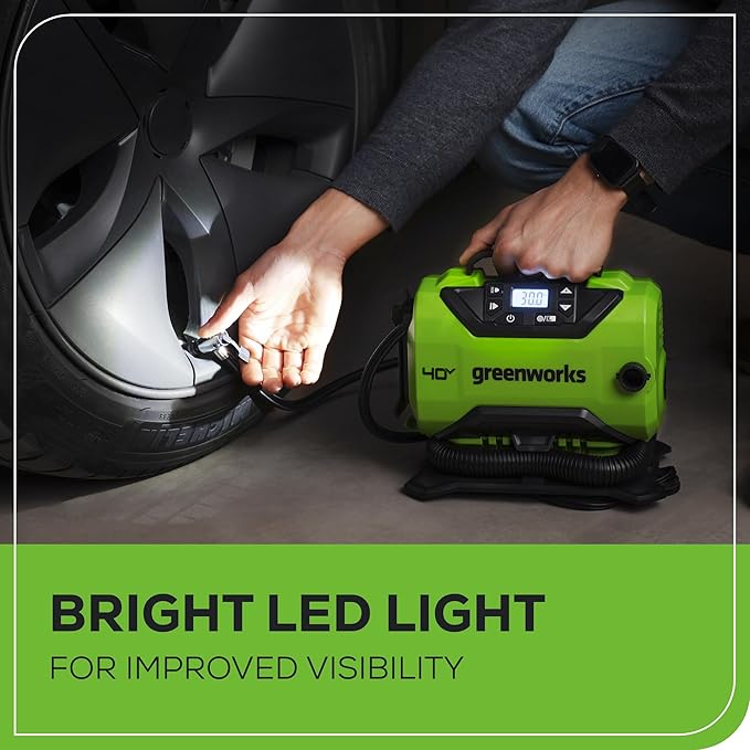 Greenworks 40V Cordless Tire Inflator, 160 PSI Portable Air Compressor, 2 Power Sources, Auto Shut Off, for Car, Bicycle, Motorcycle, Inflatables With 2.0 Ah USB (Power Bank) Battery & Charger