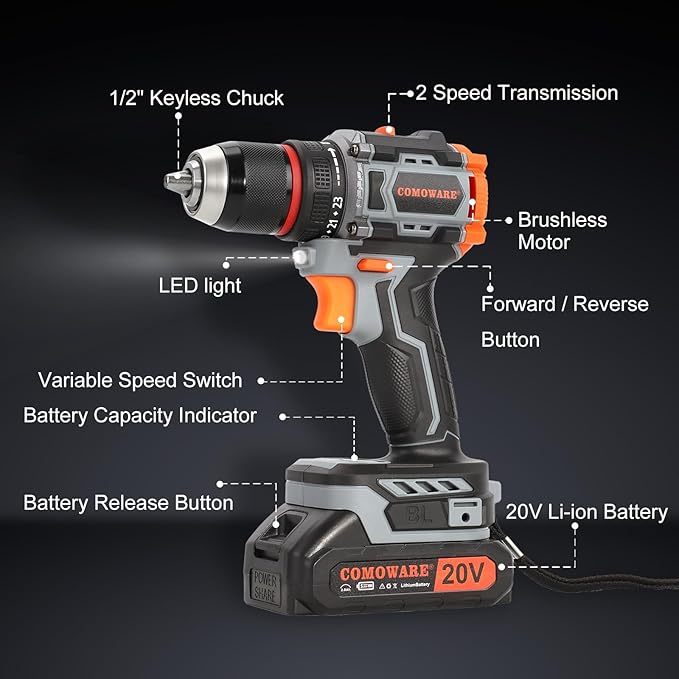 COMOWARE 20V Cordless Drill, Brushless Power Drill Set with 1.5Ah Li-ion Battery & Fast Charger, 23+1 Clutch 1/2" Keyless Chuck Max 38 N.m, Dual Speed Electric Drill Driver Accessories