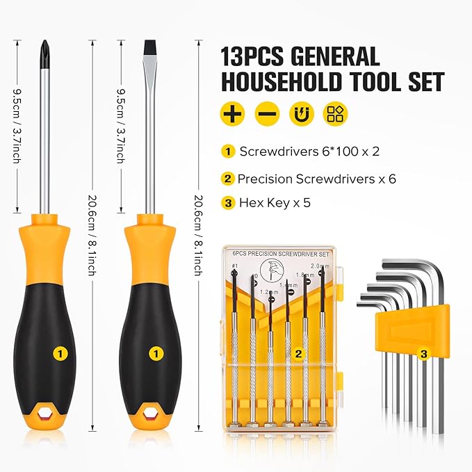 13pcs General Household Tool Set, Includes Precision Screwdrivers, Hex Key, Crosshead Screwdriver, Flat-head Screwdriver, Suitable for Daily Use