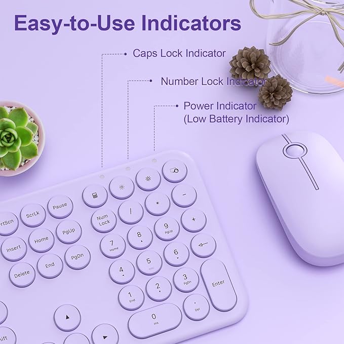Cute Keyboard and Mouse Wireless for PC Computer/Laptop/Windows/Mac/Tablets, Ultra-Thin 2.4GHz USB Cordless Full-Sized Silent Retro Computer Keyboard Mouse Combo (Purple)
