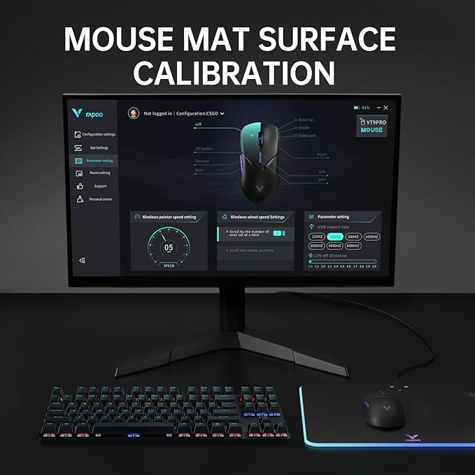 Rapoo VT9PRO 4K Wireless Gaming Mouse, PAW 3398 Sensor, 26000 DPI, 4KHz Polling Rate, 0.25ms Response Time, Lightweight, 10 Programmable Buttons, 180h Battery Life, On-Board Memory, PC - Black