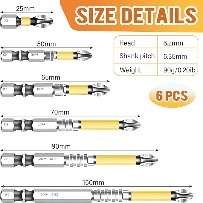 High Magnetic Screwdriver Drill Bit Set, Anti-Slip Magnetic Electric Screwdriver Set, 2025 New K5 Impact Resistant Non Slip Bit, 6Pcs/Set - 25 50 65 70 90 150mm