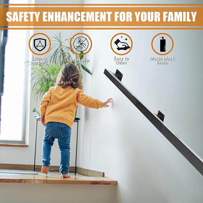 12FT Stair Handrail, Wall-Mounted Square Staircase Handrail, Stair Railing for Indoor & Outdoor Steps, Non-Slip Metal Steel Grab Bar for Stairs, Loft, Porch