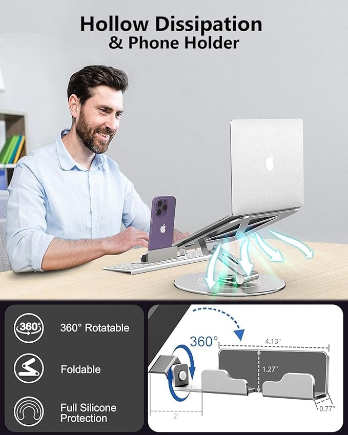 Adjustable 10-17.3" Laptop Stand for Desk with 360 Swivel Larger Base & Rotating Phone Holder, Aluminum Computer Stand for Laptops, Ergonomic Laptop Riser Fits MacBook, HP, Dell, All Laptops
