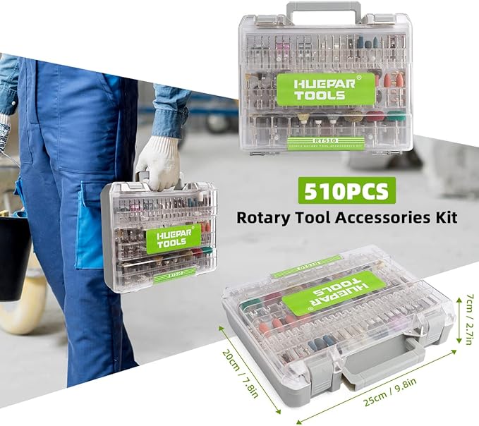 Huepar Tools 510-Piece Rotary Tool Accessories Kit, 1/8 inch (3.2mm) Diameter Shanks, Universal Accessories Bits for Easy Cutting, Sanding, Grinding, Carving, Polishing, Drilling and Engraving