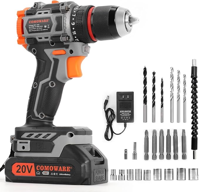 COMOWARE 20V Cordless Drill, Brushless Power Drill Set with 1.5Ah Li-ion Battery & Fast Charger, 23+1 Clutch 1/2" Keyless Chuck Max 38 N.m, Dual Speed Electric Drill Driver Accessories