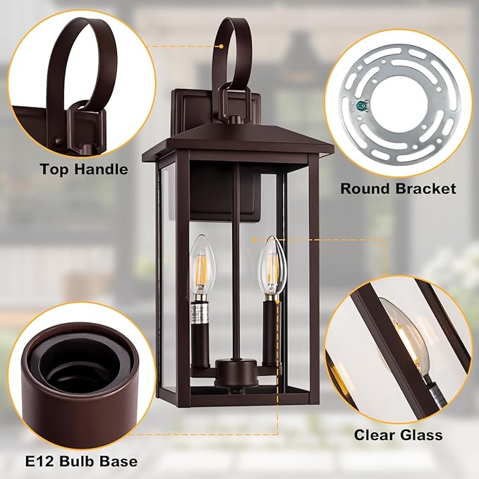 Bronze Large Porch Lights Outdoor, 18" Exterior Wall Fixture with Clear Glass, 2-Light E12 Socket Base, Aluminum Outside Waterproof Wall Light Sconce for House, Porch, Patio, Garage