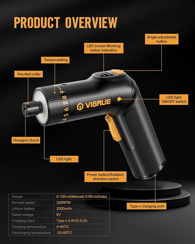 VIGRUE Cordless Screwdriver Set, 8V Max 10Nm Rechargeable Electric Screwdriver with 47 Accessories, 320RPM/10+1 Torque Setting power screwdriver kit, 2 Position Handle with LED Light