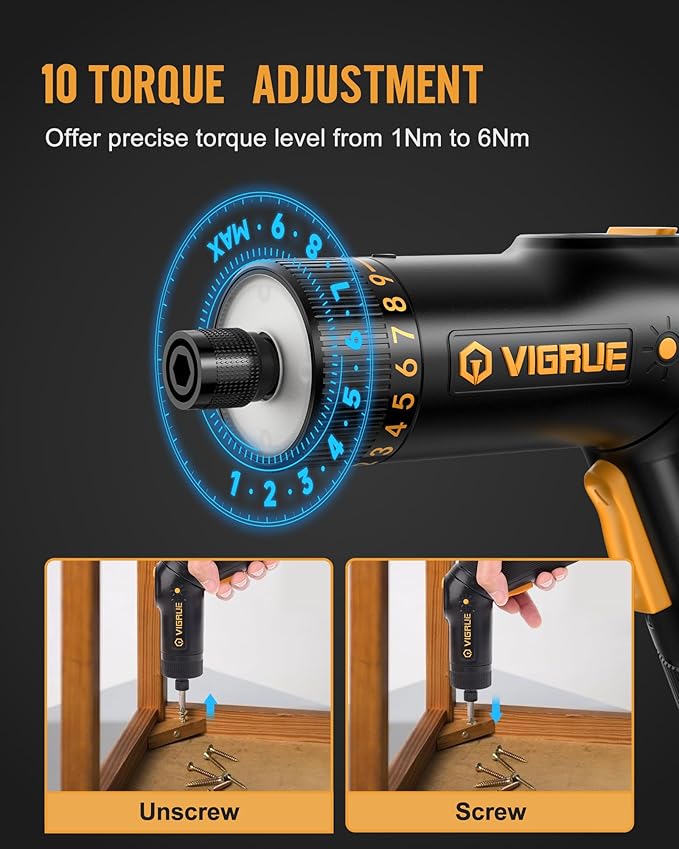 VIGRUE Cordless Screwdriver Set, 8V Max 10Nm Rechargeable Electric Screwdriver with 47 Accessories, 320RPM/10+1 Torque Setting power screwdriver kit, 2 Position Handle with LED Light