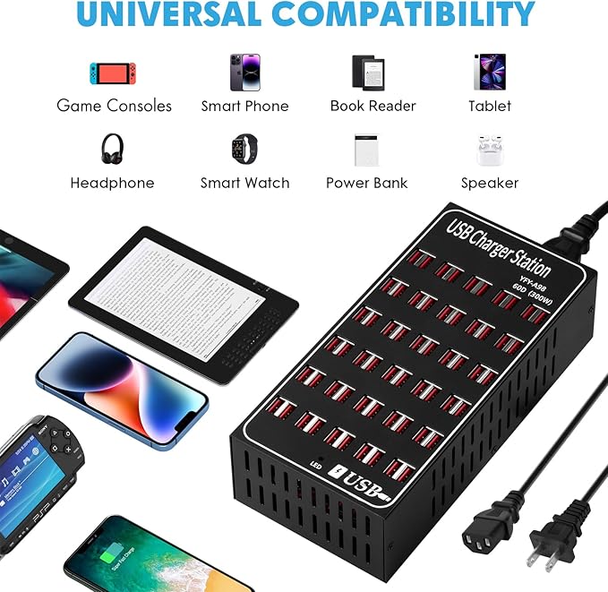 USB Charging Station for Multiple Devices, 300W 60 Port Desktop Fast Charger Station with Intelligent Protection, Multi Ports USB Charger Block for Home School Hotel Office Shopping Malls