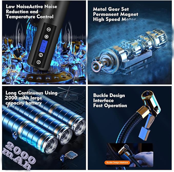 150 PSI Tire inflator portable air compressor with LCD Display Emergency LED Light Rechargeable Li-ion Batteryd Electric Cordless Air Pump for Cars, Motorbikes, Balls, Swim rings and All Bicycles