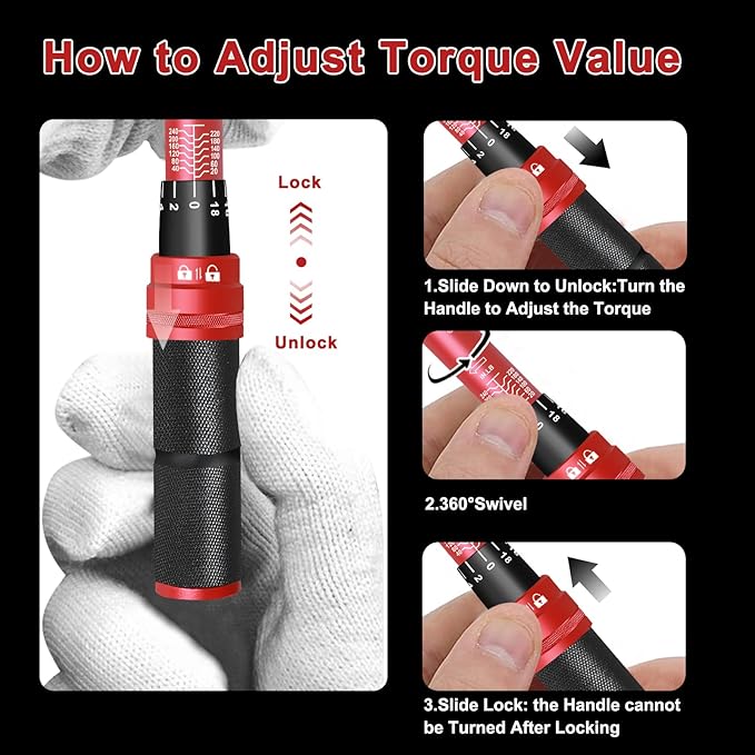 1/4" Torque Wrench (20-240 in-lb / 2.3-27.1 Nm) -Dual Scale, 72-Tooth Ratchet, ±3% Pre-Calibrated Accuracy, Suitable for Bike & Bicycle Maintenance