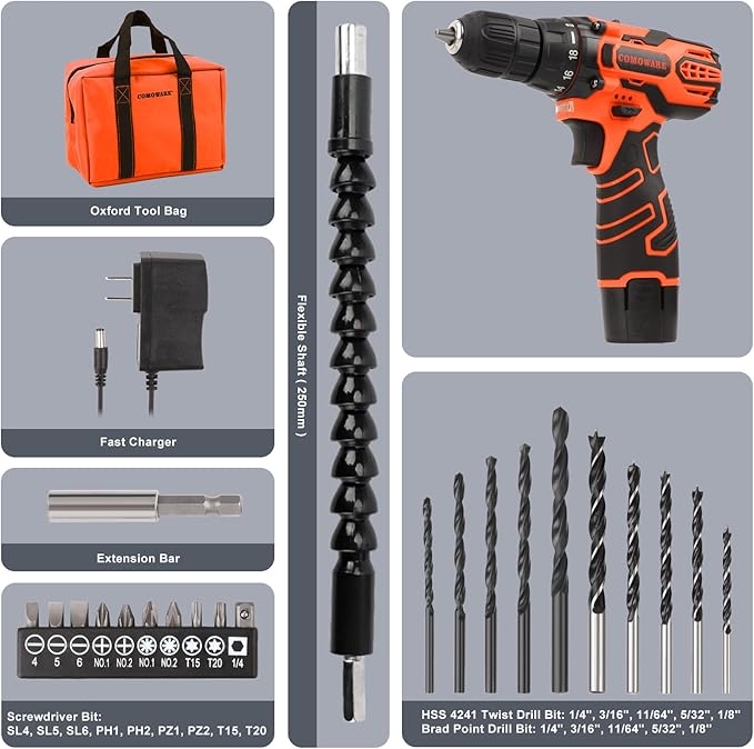 COMOWARE Cordless Drill Set, 12V Power Drill with Battery & Charger, 3/8" Keyless Chuck, 23Pcs Driver Bits Orange Storage Bag included