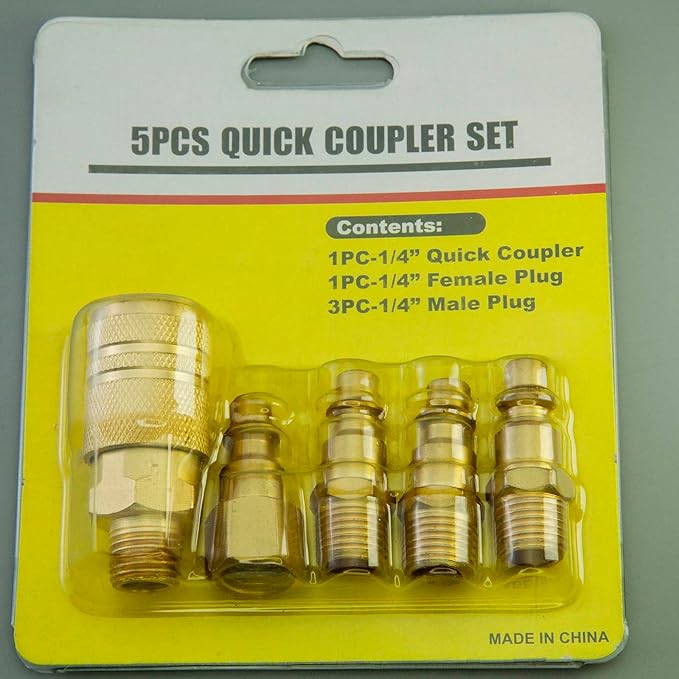 1/4" NPT Solid Brass Air Coupler and Plug Kit,Air Compressor Fittings, 1 Male Coupler and 1 Female Plug 3 Male Plugs, 5pcs Air Line Fittings Quick Connectors
