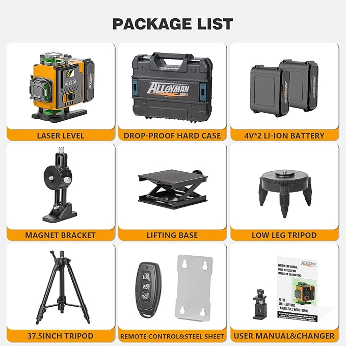Alloyman Laser Level 360 Self Leveling with Tripod, 16 Lines Green Laser 4x360° Lazer Leveler Tool, 4D Laser Level for Picture Hanging and Construction, Includes Strong Magnetic Bracket