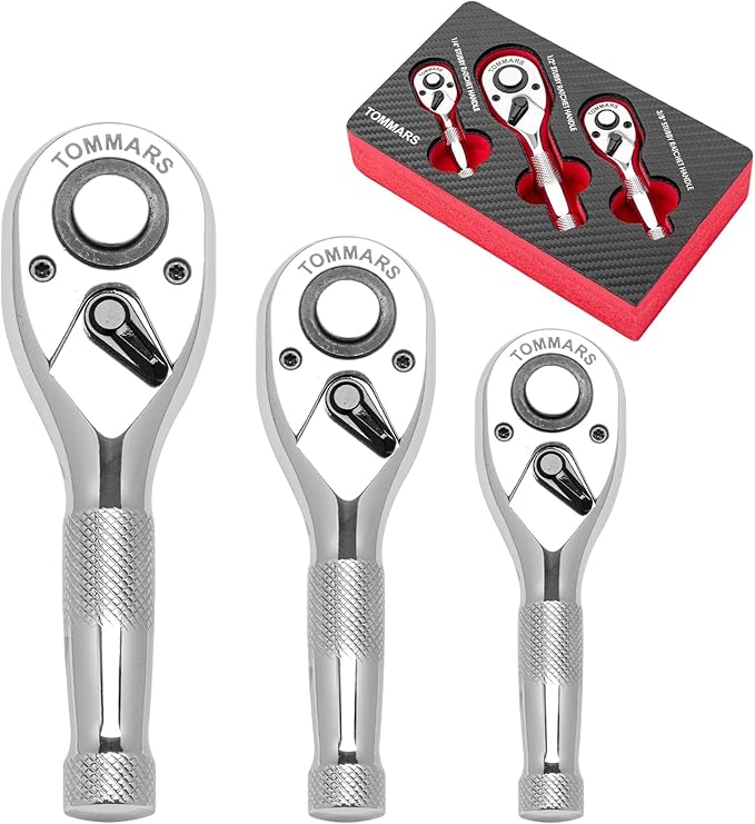 TOMMARS Stubby Ratchet Set, 1/4", 3/8", 1/2" Drive Ratchet Handle Wrench 72-Tooth Quick-Release Reversible