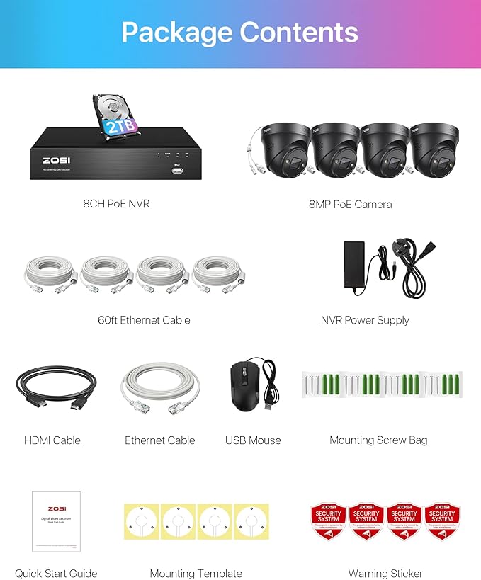 ZOSI 4K PoE Security Camera System,2 Way Audio,8 Ports 16CH 8MP/4K NVR with 2TB HDD,4pcs 8MP Outdoor Indoor PoE IP Cameras,Person Vehicle Detection,Spotlight Color Night Vision,for 24/7 Recording