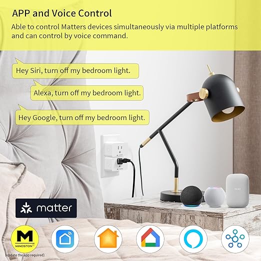 Minoston Matter Smart Plug Outlet, Work with Alexa, Google Home, Apple Home, SmartThings, Siri, Mini WiFi Plugs, Protect Privacy, 15A, 2.4G Wi-Fi Only, White, Remote and Voice Control, 2 Pack (MP25M)