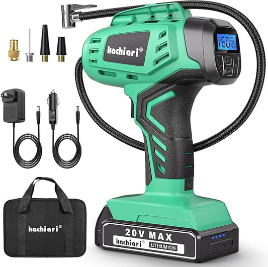 Tire Inflator Portable Air Compressor, 20V Cordless Car Tire Pump, Rechargeable Battery Powered Air Compressor w/12V DC Adapter Light Green